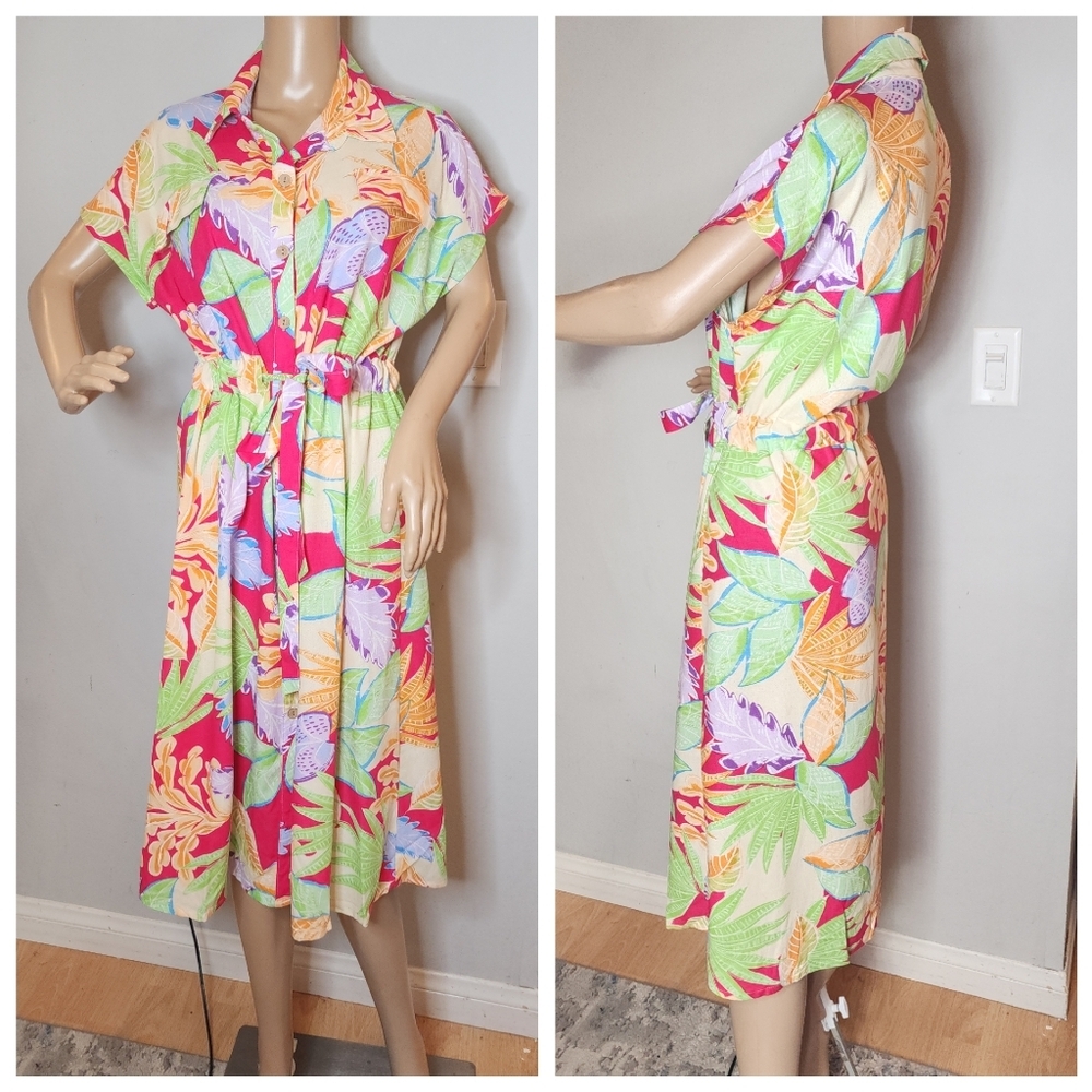 Rojo Limon Button Front Midi Dress Belted Bright Tropical Short Sleeve Sz Large